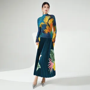2025 Early spring new suit women's fashion high-end women's clothing printed semi-turtleneck long-sleeved T-shirt skirt pleated two-piece set