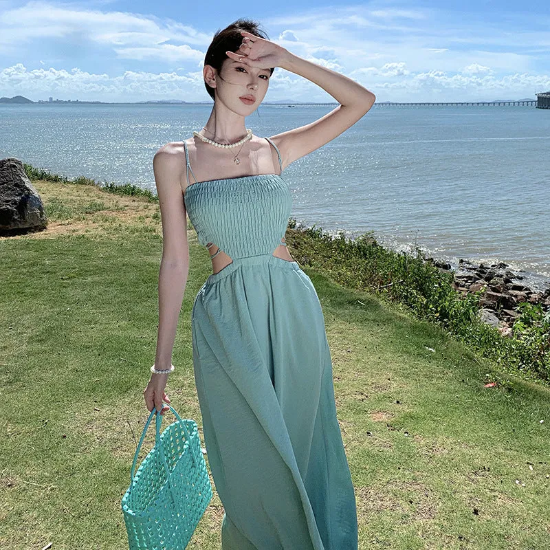 2025 gentle suspender dress women's summer vacation style long dress pleated design sense thin seaside photo skirt