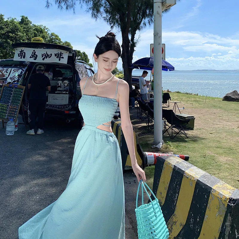 2025 gentle suspender dress women's summer vacation style long dress pleated design sense thin seaside photo skirt