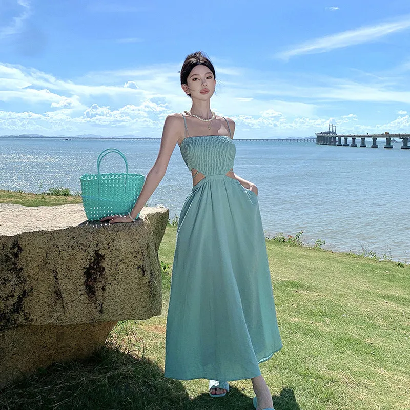 2025 gentle suspender dress women's summer vacation style long dress pleated design sense thin seaside photo skirt