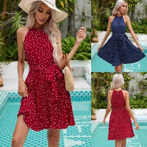2025 New Popular trade women's clothing  2025 spring and summer polka dot neck sleeveless lace-up waist pleated dress
