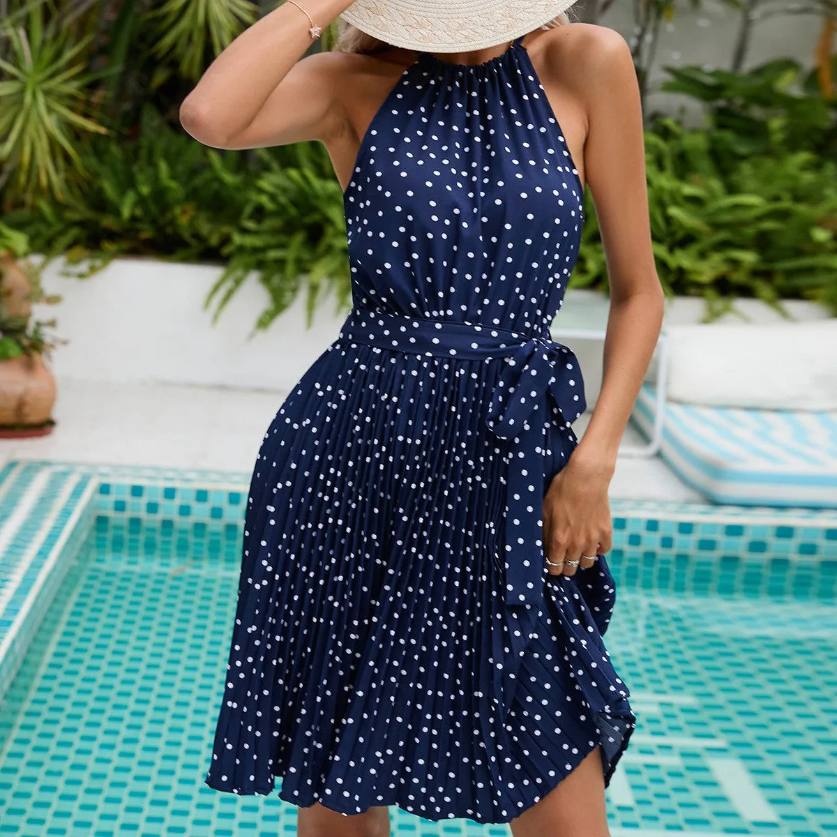 2025 New Popular trade women's clothing  2025 spring and summer polka dot neck sleeveless lace-up waist pleated dress