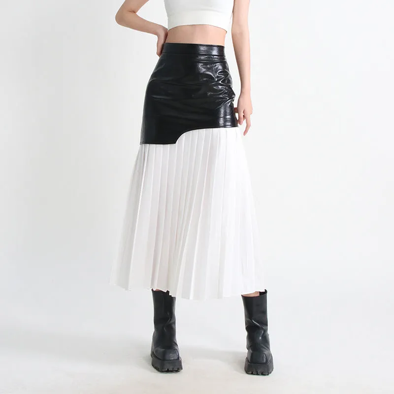 2025 Personalized street style medium and long pleated leather skirt  spring new fashion high waist splicing mesh skirt women