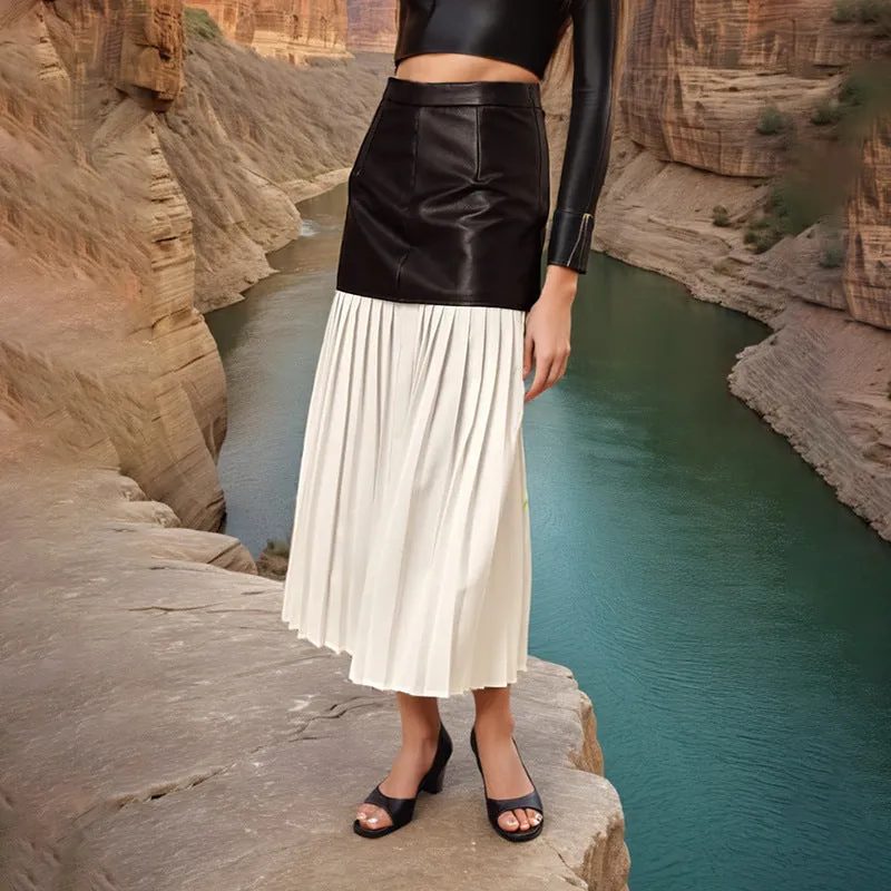 2025 Personalized street style medium and long pleated leather skirt  spring new fashion high waist splicing mesh skirt women