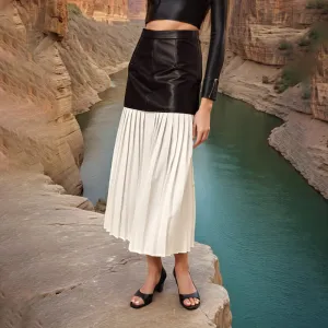 2025 Personalized street style medium and long pleated leather skirt  spring new fashion high waist splicing mesh skirt women