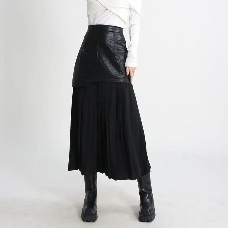2025 Personalized street style medium and long pleated leather skirt  spring new fashion high waist splicing mesh skirt women