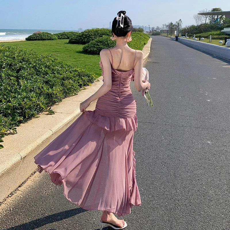 2025 Pink rose suspender dress women's summer waist pleated irregular split long dress temperament fishtail skirt