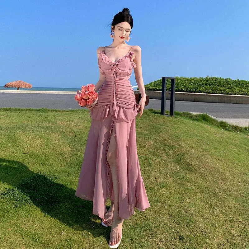 2025 Pink rose suspender dress women's summer waist pleated irregular split long dress temperament fishtail skirt