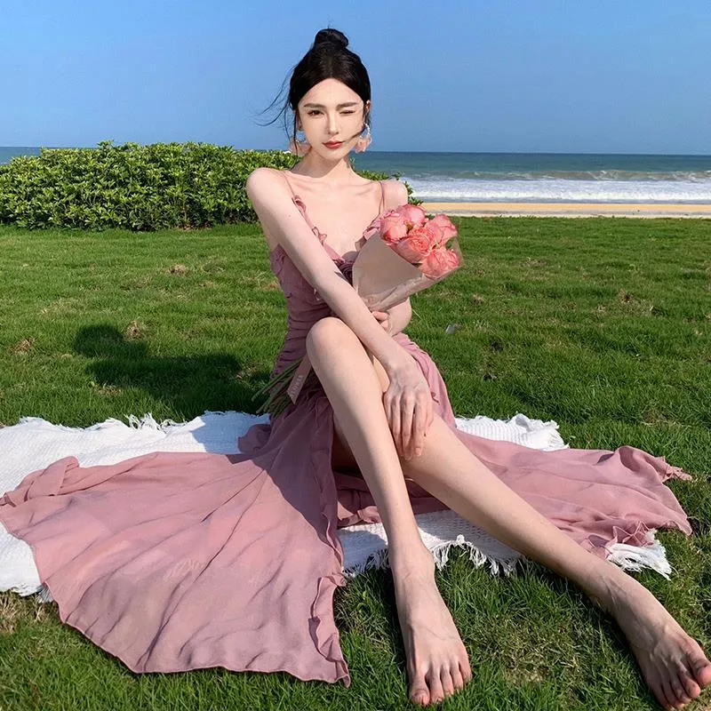 2025 Pink rose suspender dress women's summer waist pleated irregular split long dress temperament fishtail skirt