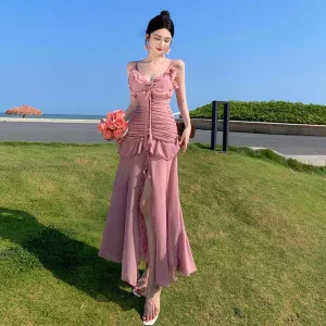 2025 Pink rose suspender dress women's summer waist pleated irregular split long dress temperament fishtail skirt