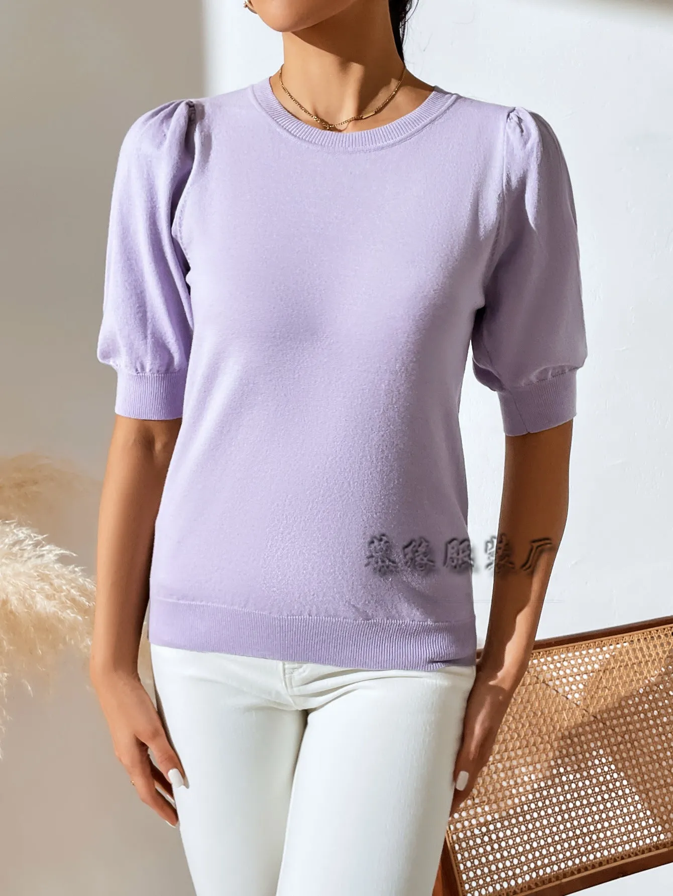 2025 spring and summer  new round neck knitted pleated  New short-sleeved solid color Popular trade women's knitted sweater