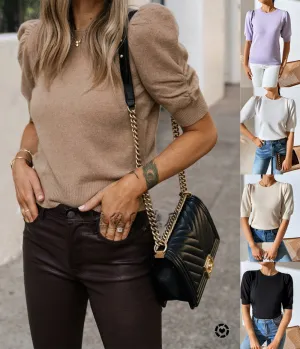 2025 spring and summer  new round neck knitted pleated  New short-sleeved solid color Popular trade women's knitted sweater