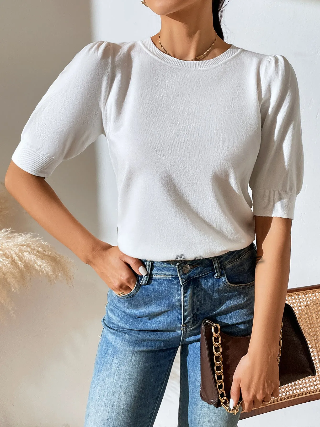 2025 spring and summer  new round neck knitted pleated  New short-sleeved solid color Popular trade women's knitted sweater
