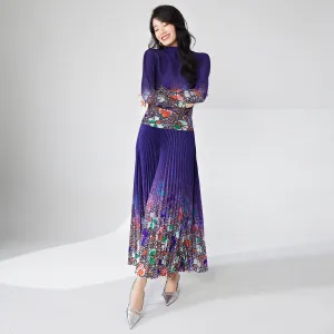 2025 Wear women's clothing in early spring, suit, printed temperament, slim-fitting elastic T-shirt, drape pleated skirt, two-piece set of Popular style
