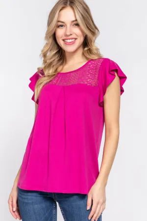 ACTIVE BASIC Ruffle Short Sleeve Lace Detail Knit Top