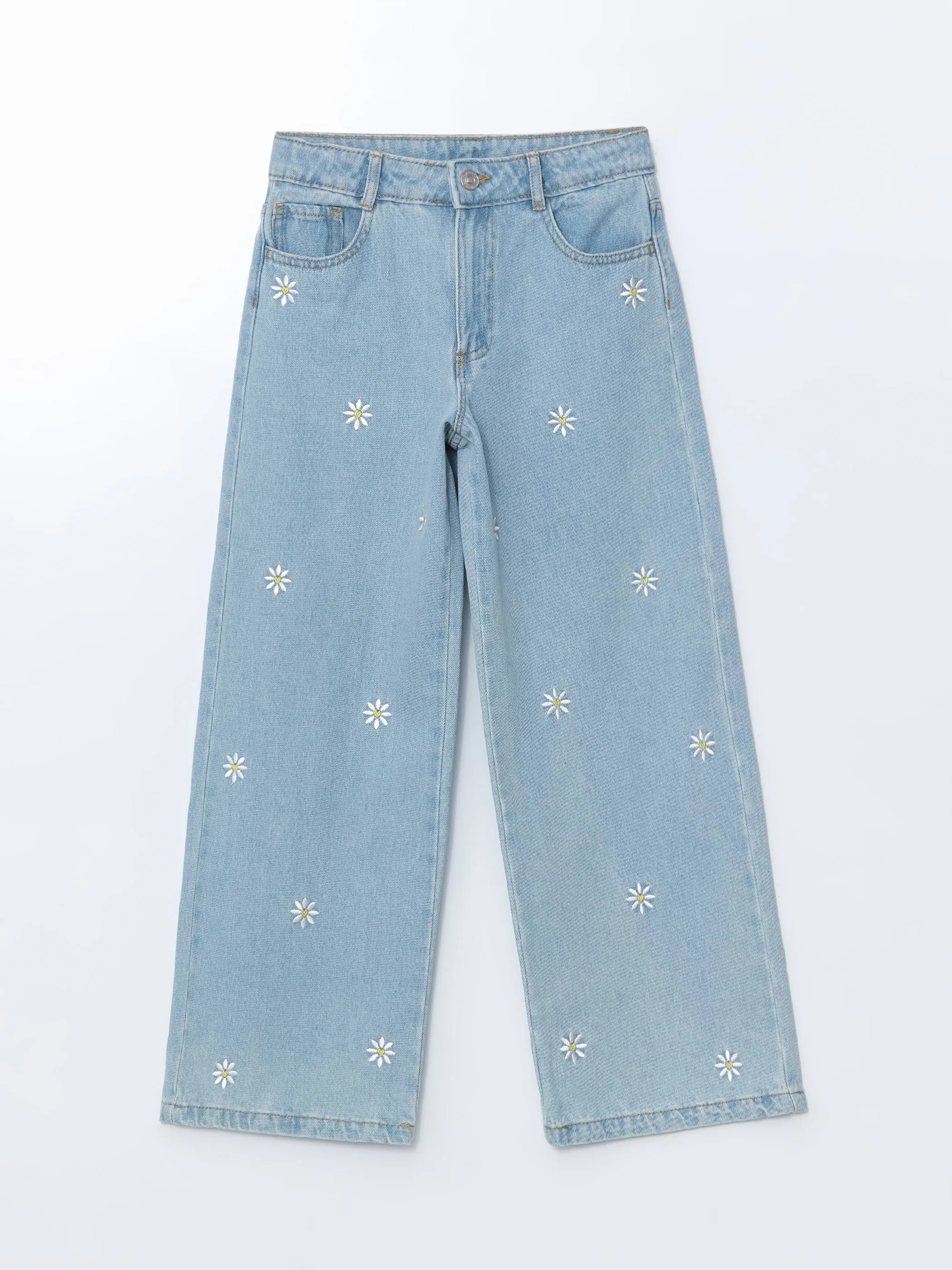 Adjustable Waist Elastic Flower Embroidered Girls Trousers
