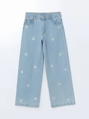 Adjustable Waist Elastic Flower Embroidered Girls Trousers