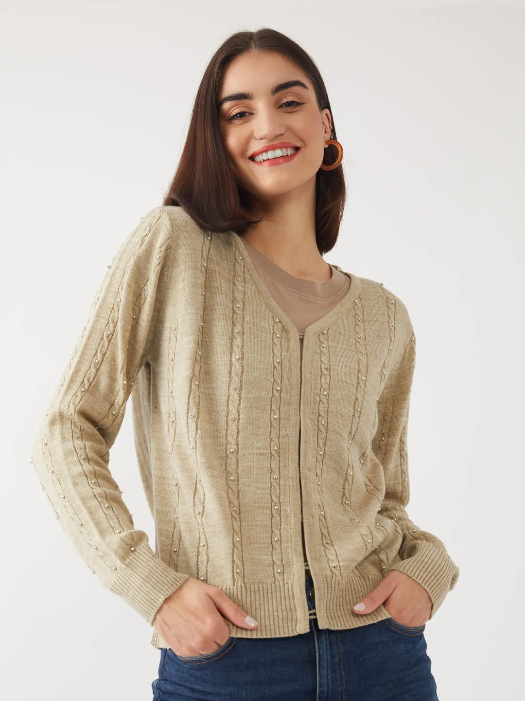 Beige Embellished Cardigan