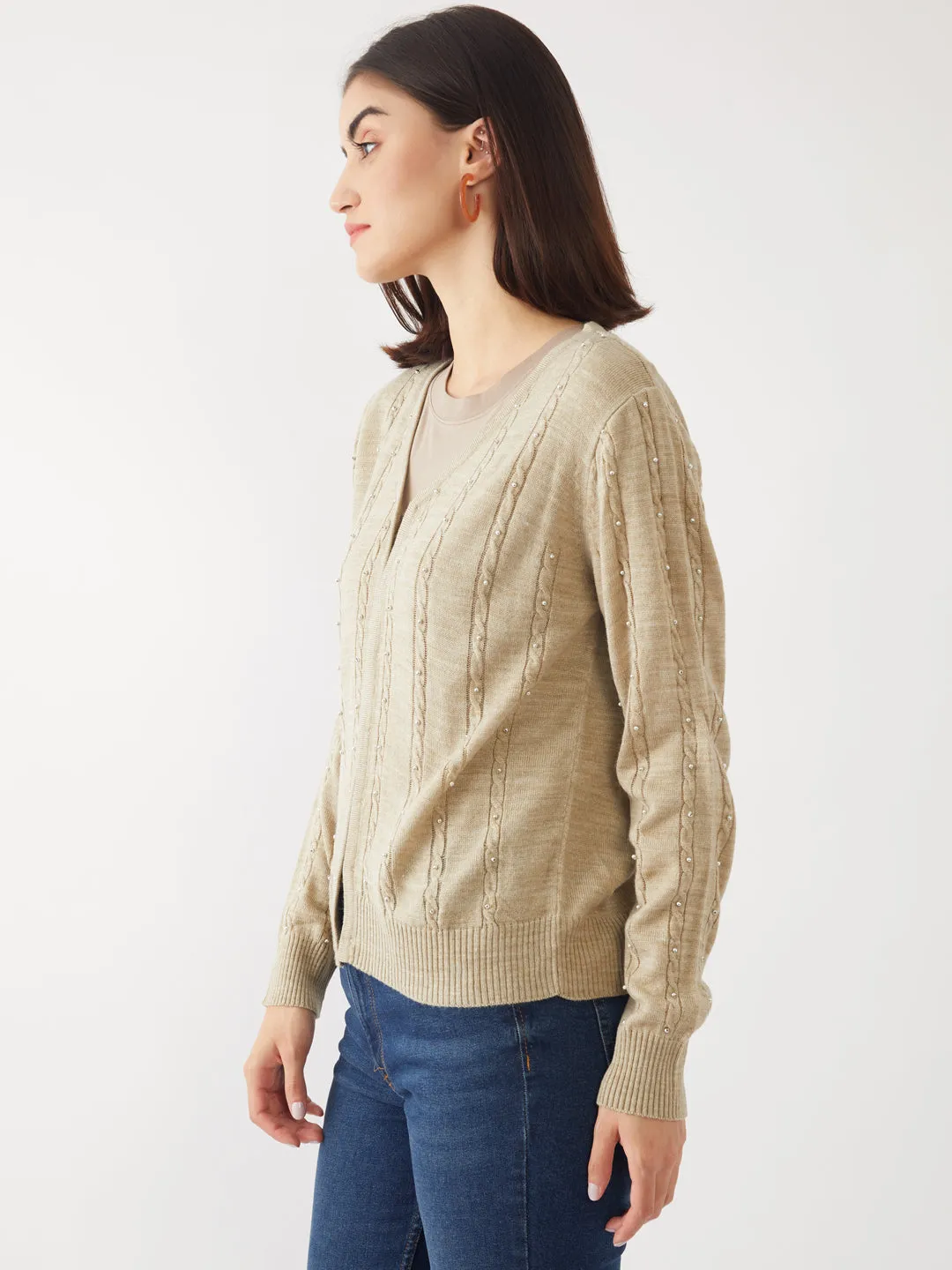 Beige Embellished Cardigan