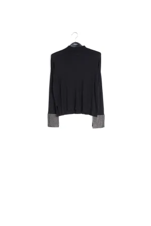 Black fine boxy sweater with embellished cuffs