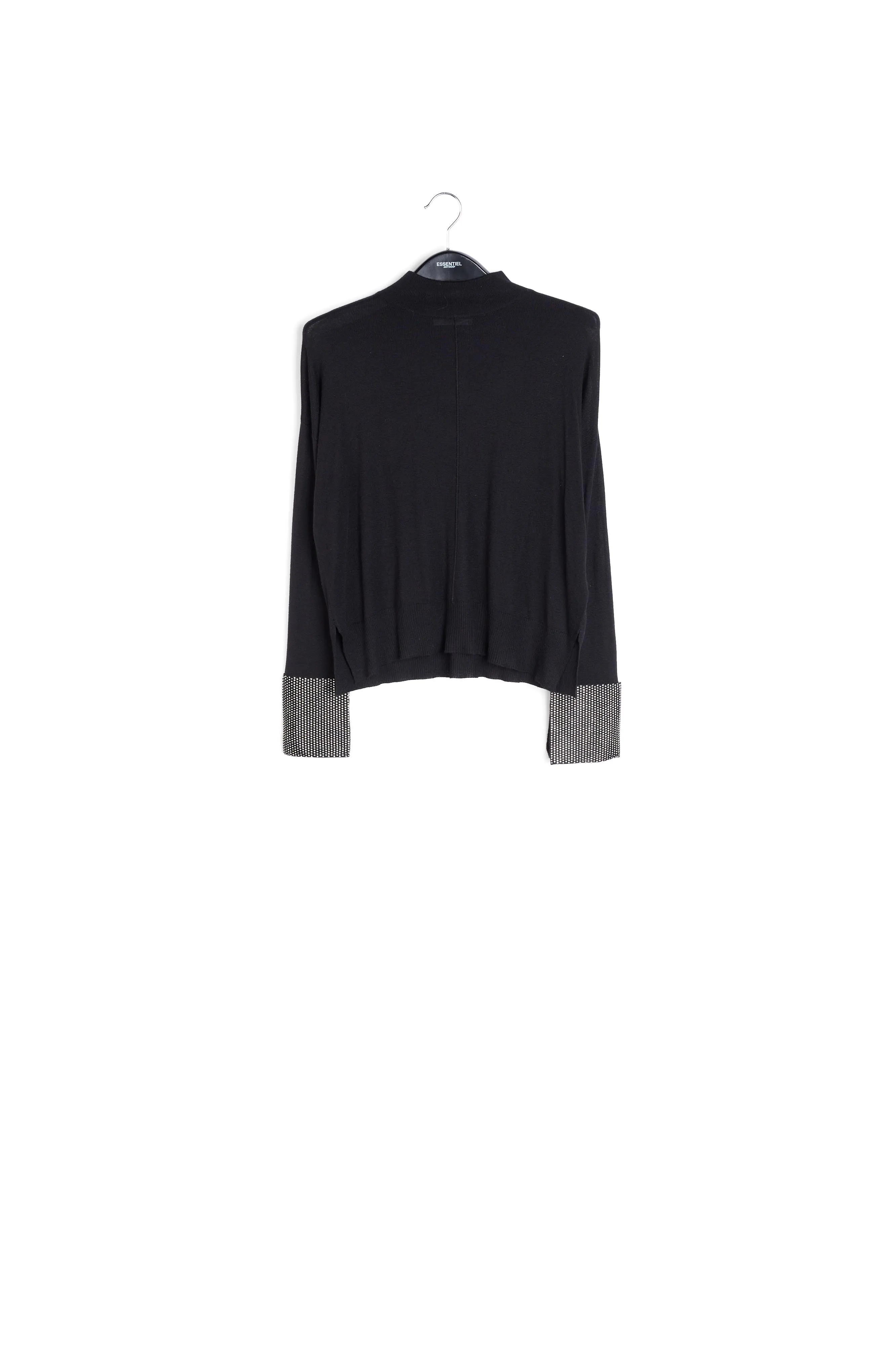 Black fine boxy sweater with embellished cuffs
