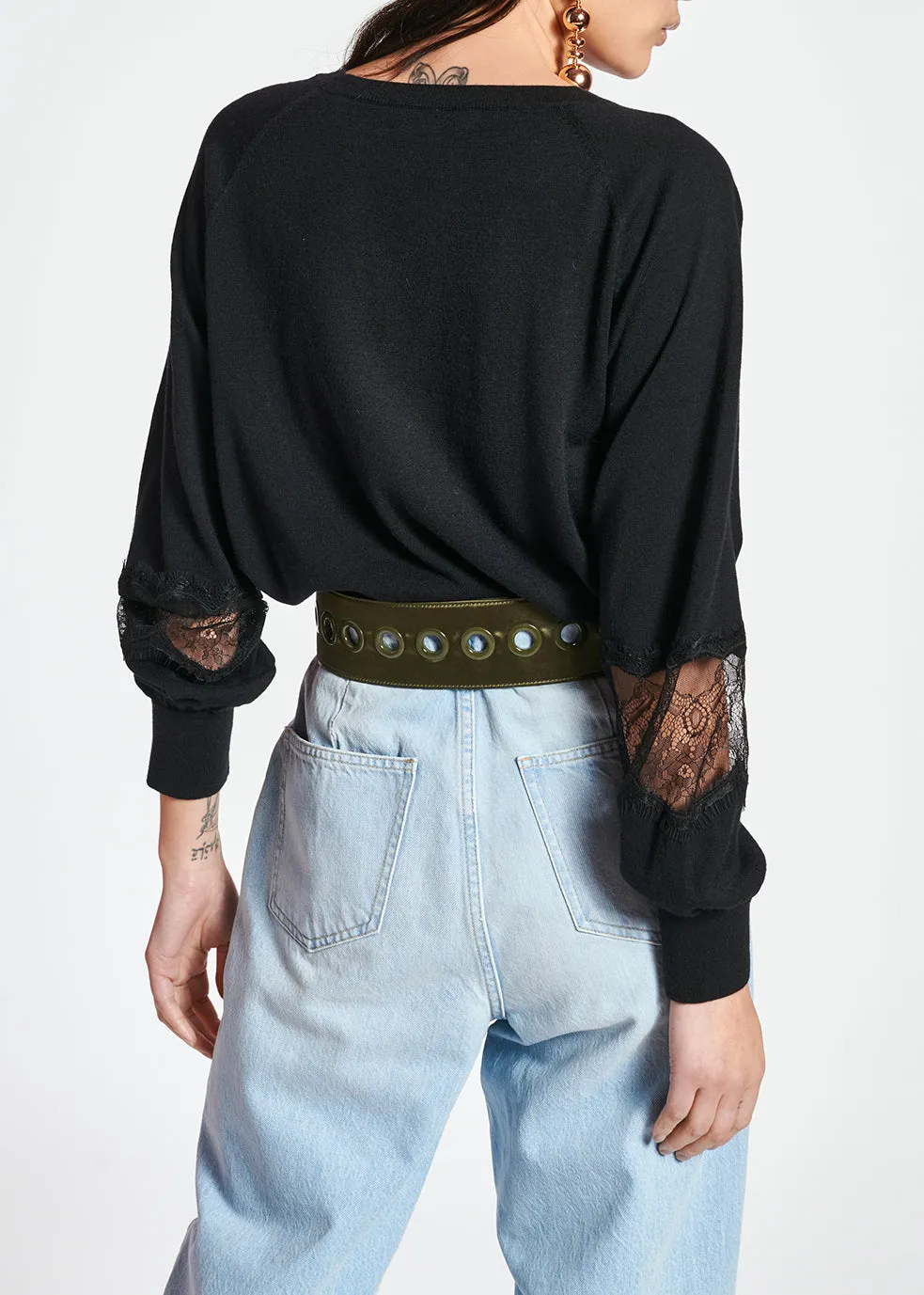 Black wool-blend sweater with lace inserts