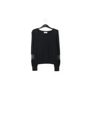 Black wool-blend sweater with lace inserts