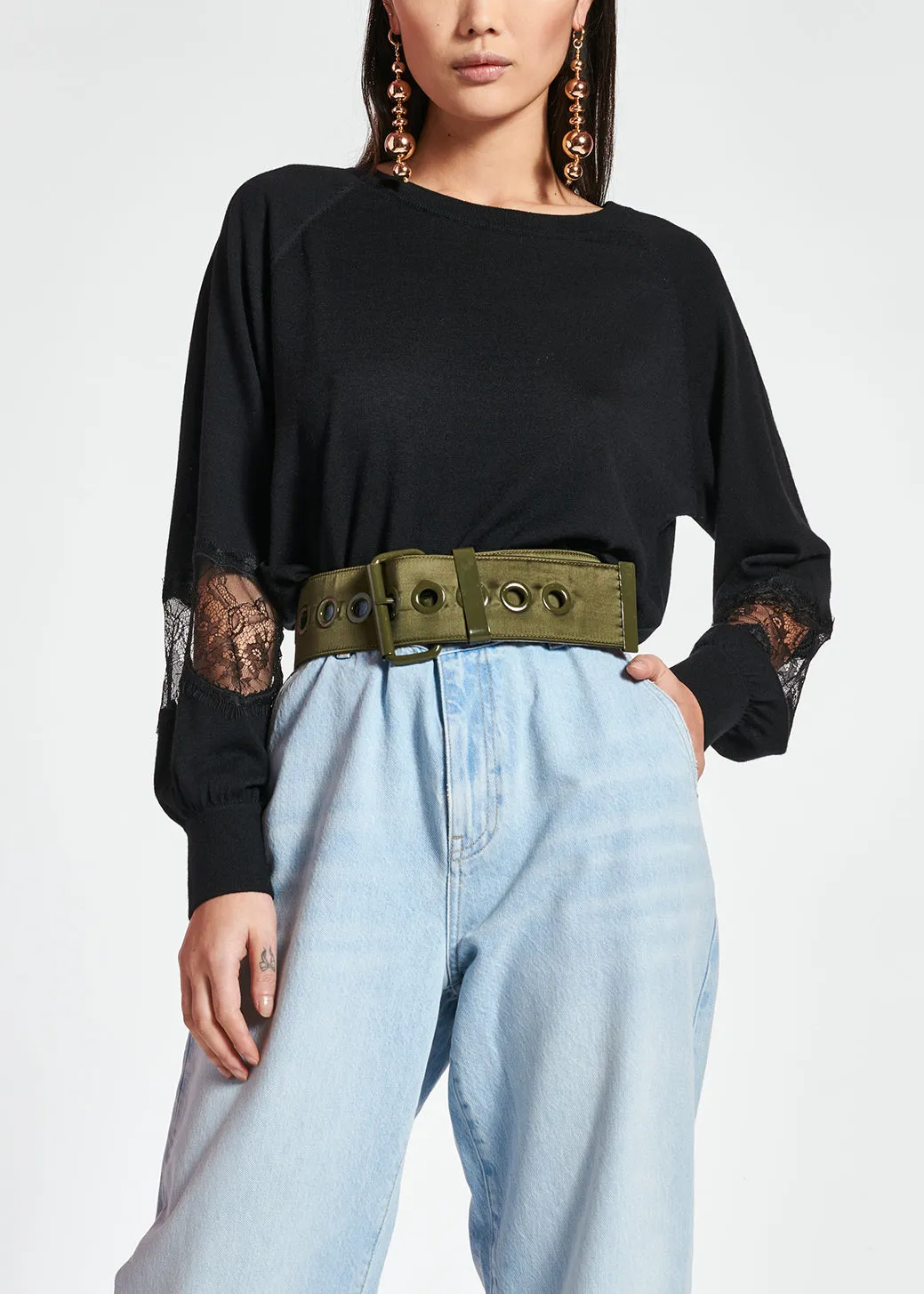 Black wool-blend sweater with lace inserts