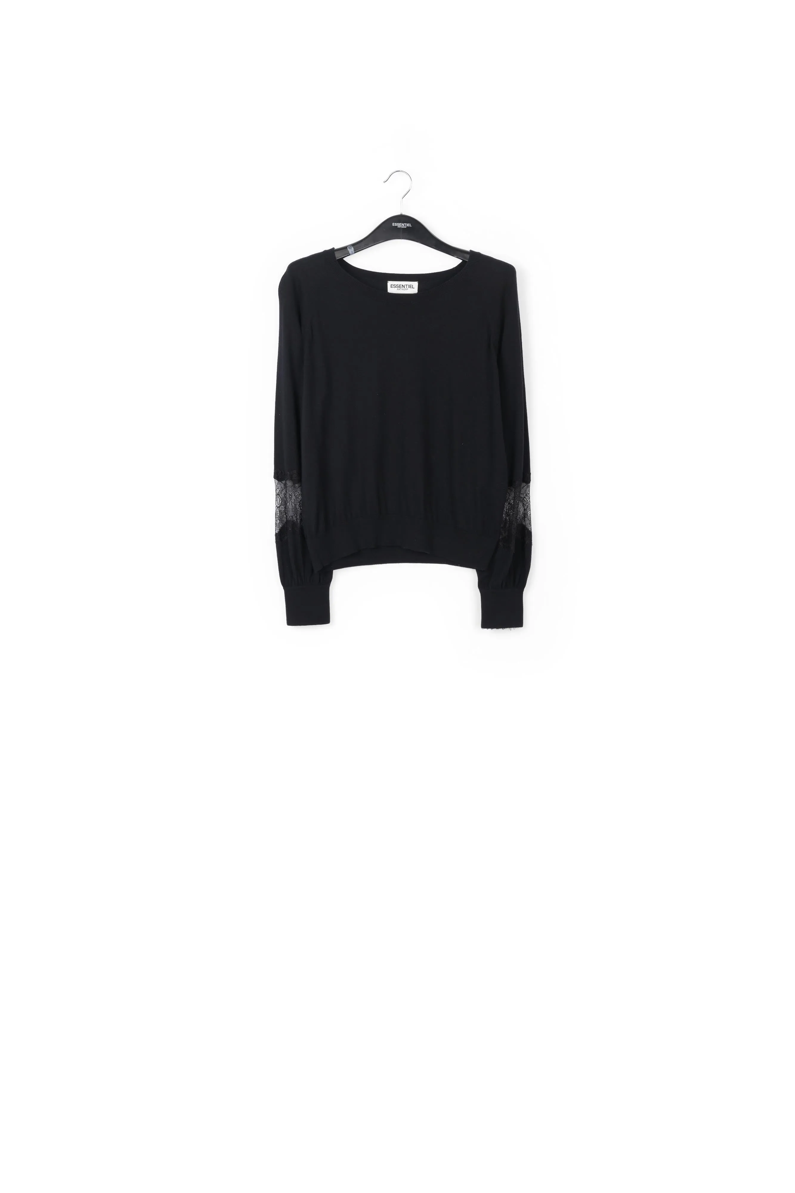 Black wool-blend sweater with lace inserts