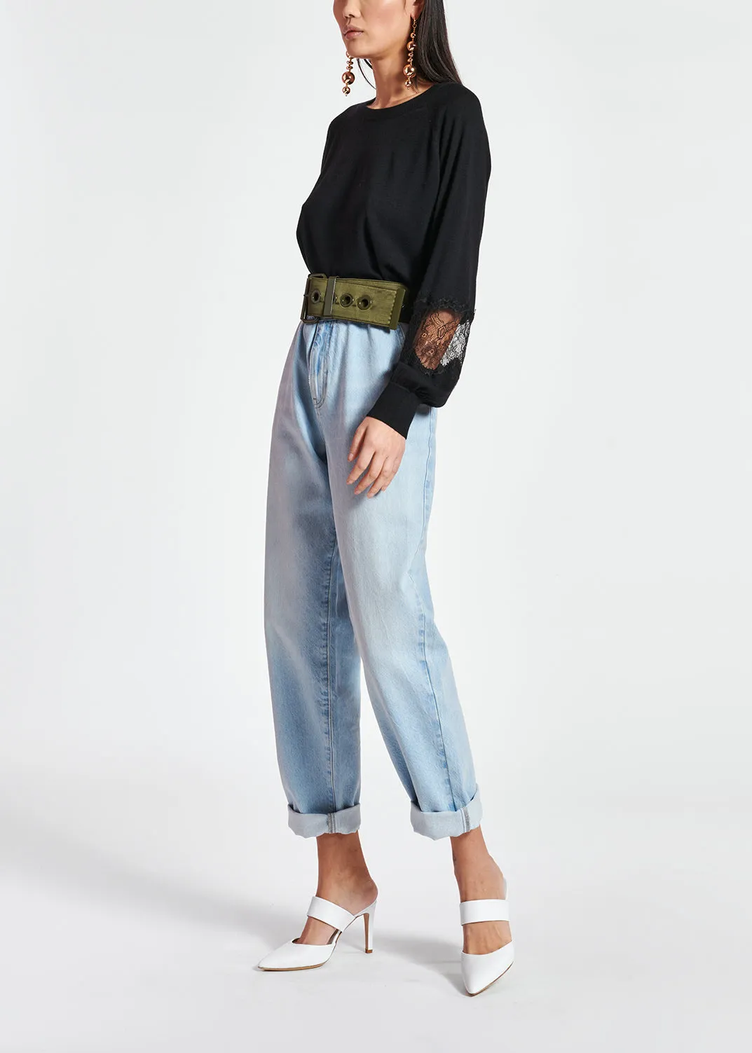 Black wool-blend sweater with lace inserts