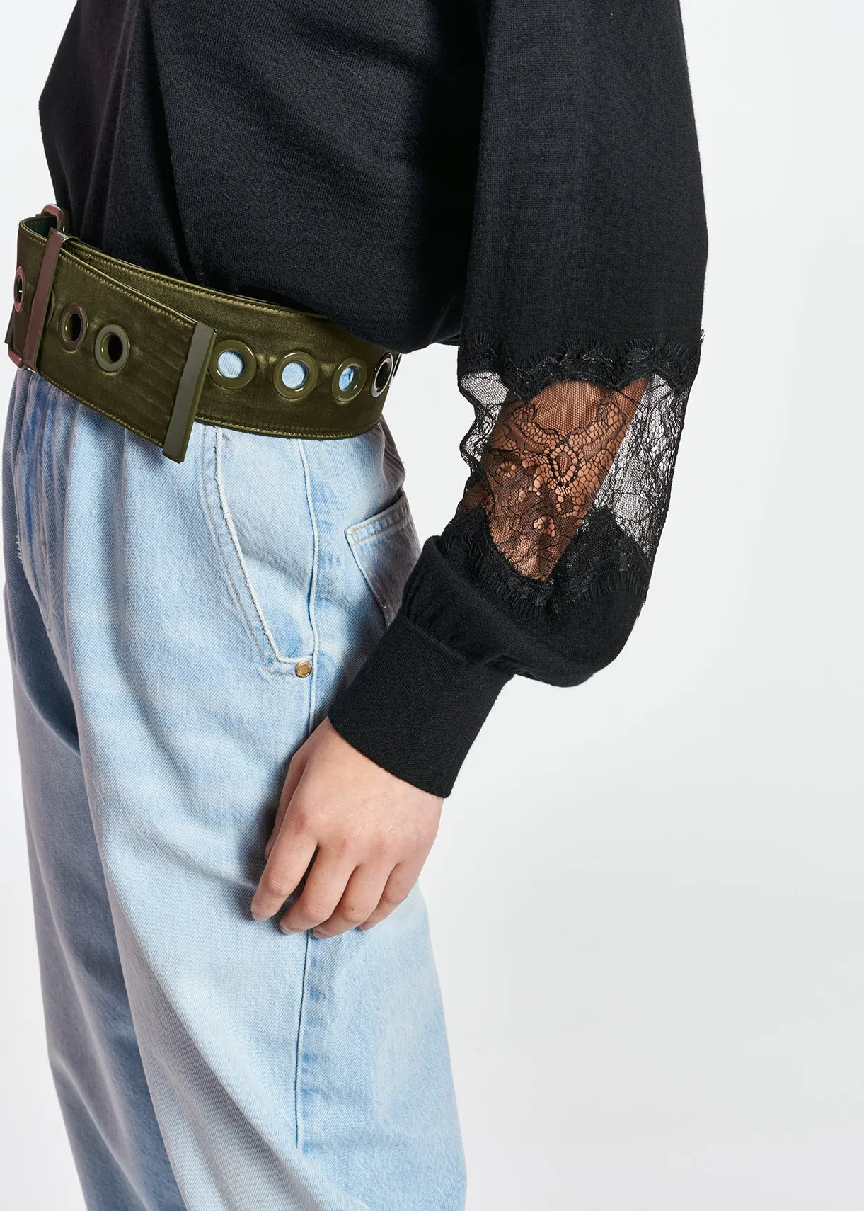 Black wool-blend sweater with lace inserts