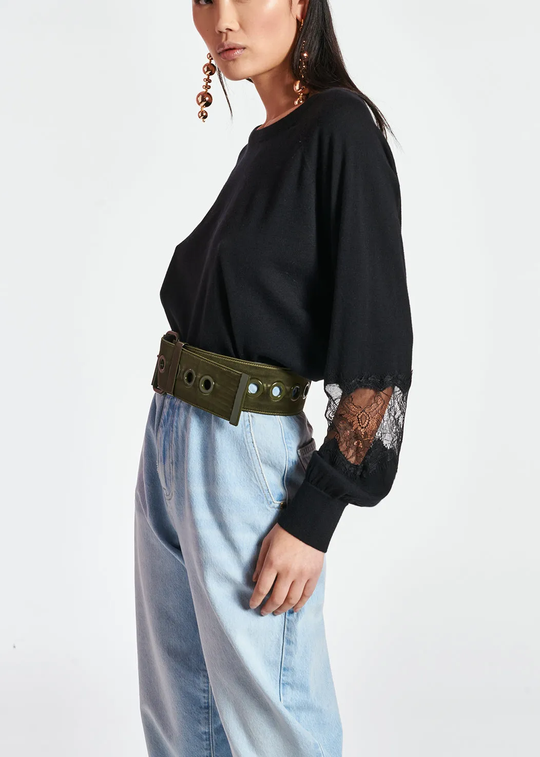 Black wool-blend sweater with lace inserts