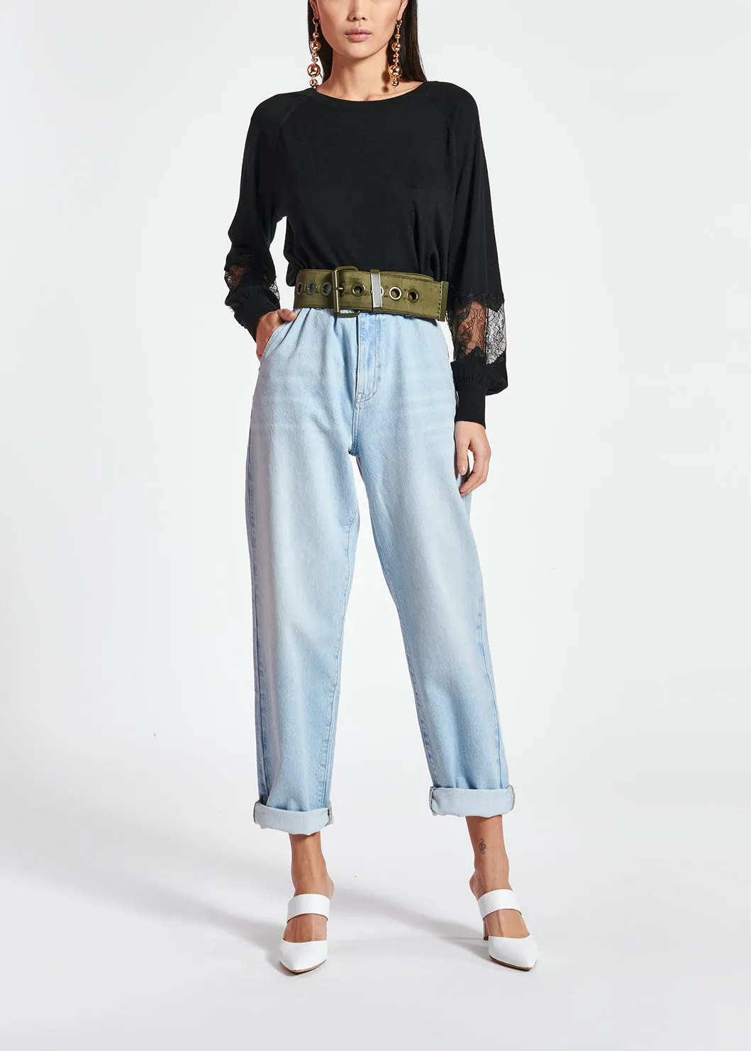 Black wool-blend sweater with lace inserts