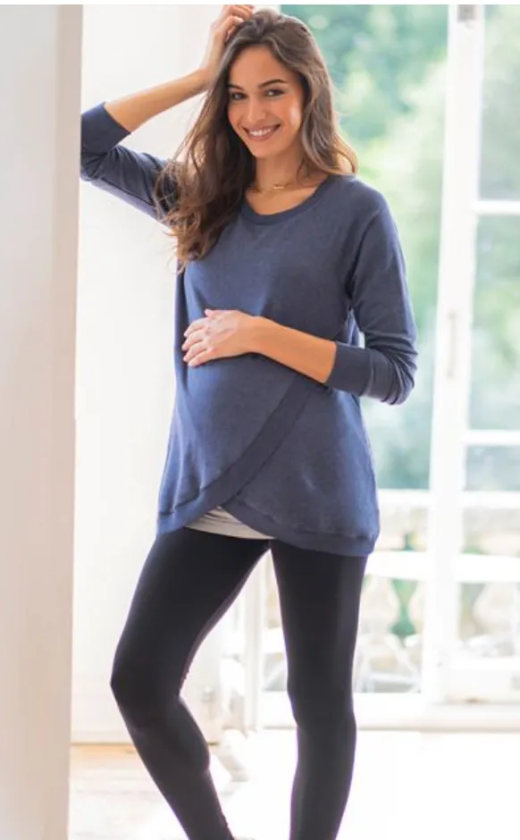 Blue Cotton Blend Maternity & Nursing Sweatshirt By Seraphine
