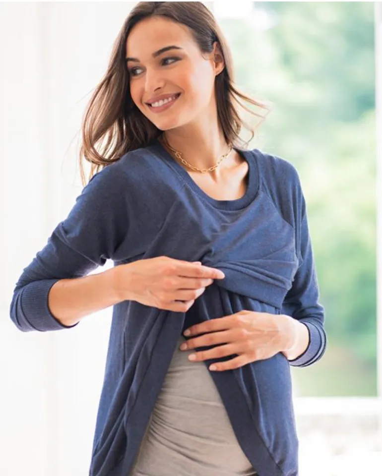 Blue Cotton Blend Maternity & Nursing Sweatshirt By Seraphine
