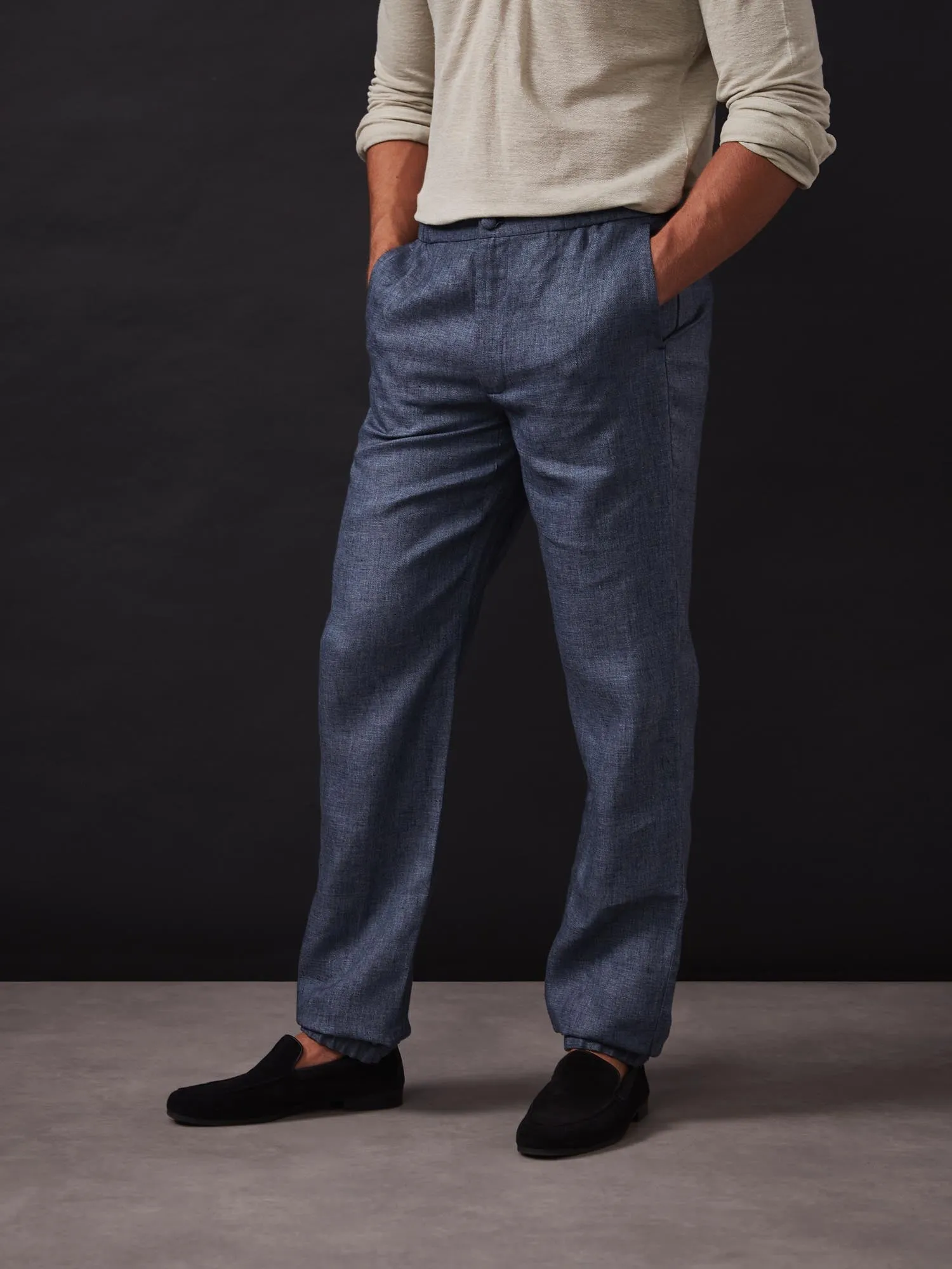 Blue Textured Elastic Waist Linen Trousers