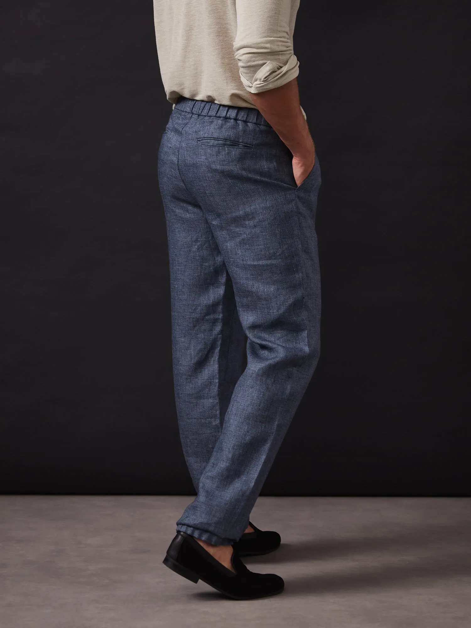Blue Textured Elastic Waist Linen Trousers