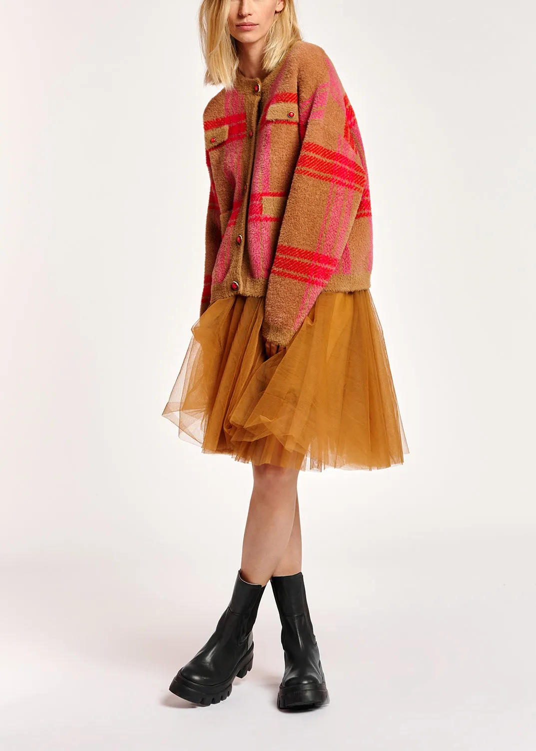 Camel and red check cardigan