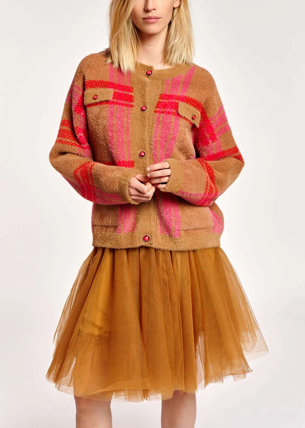 Camel and red check cardigan