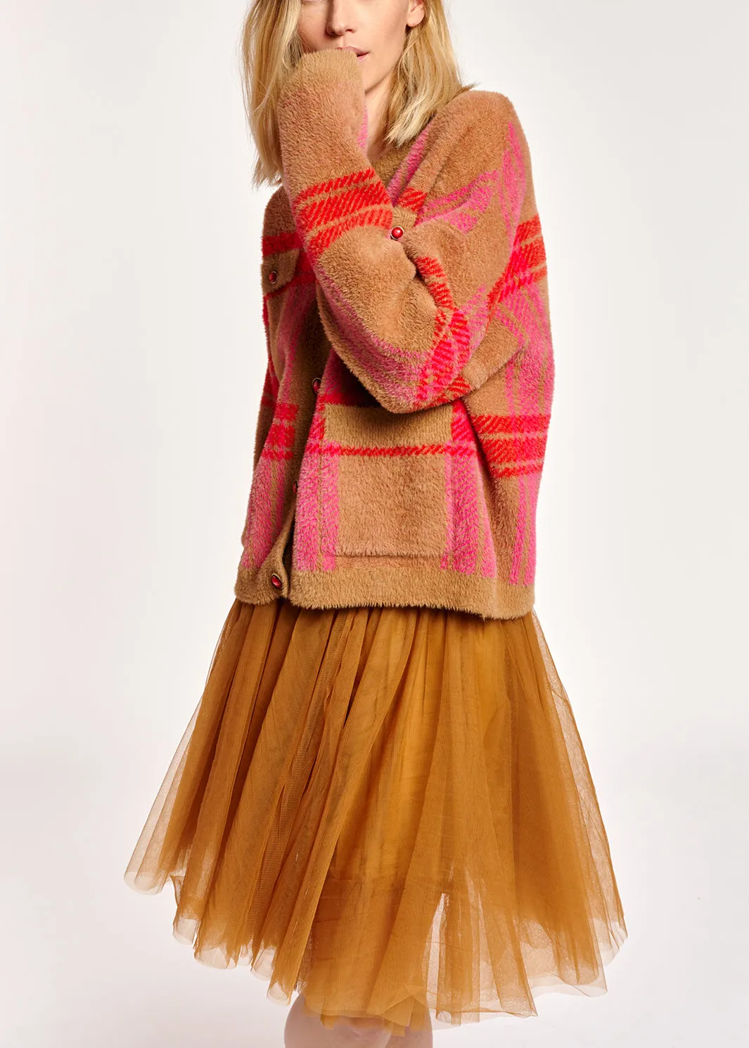 Camel and red check cardigan