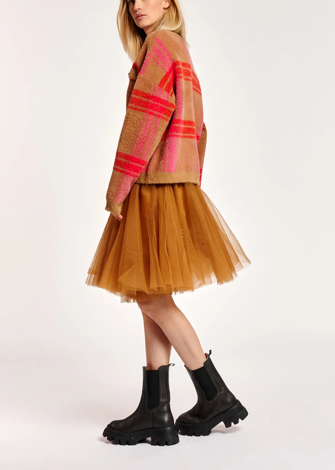 Camel and red check cardigan