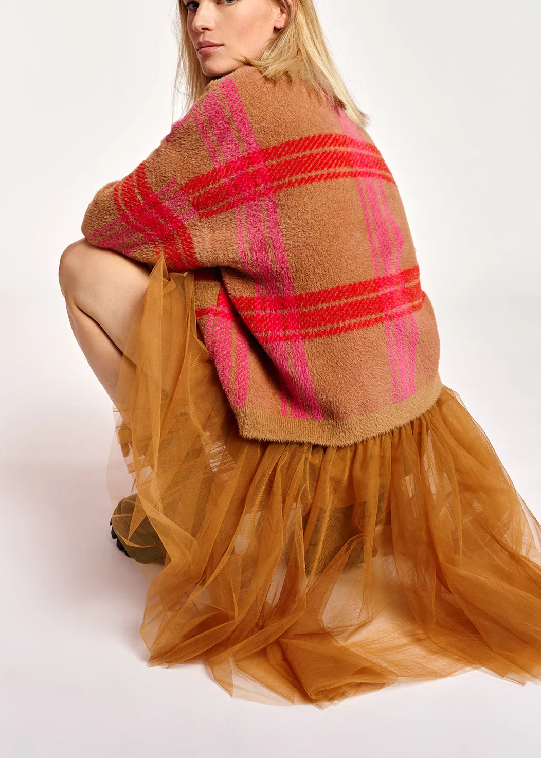 Camel and red check cardigan
