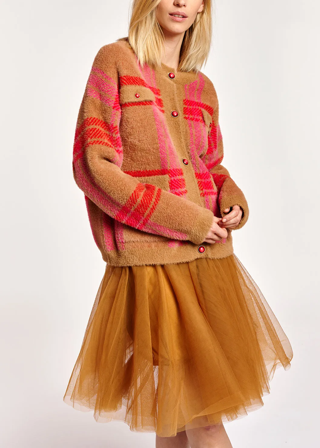 Camel and red check cardigan