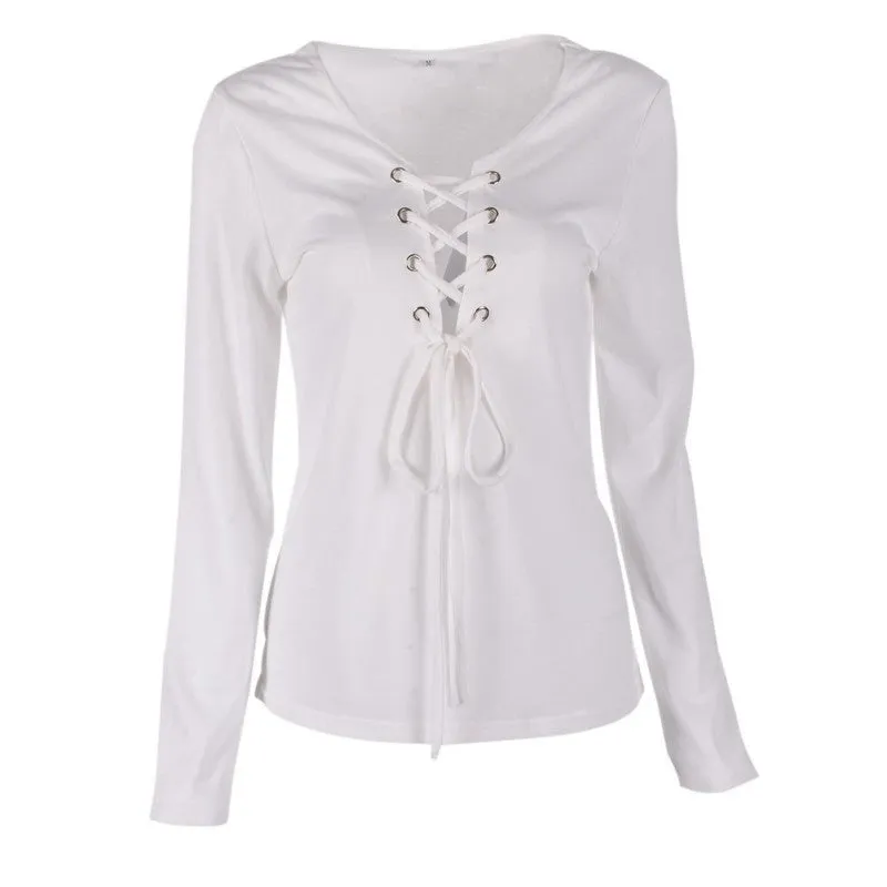 Casual Bandage Lace Up Long-Sleeve Tshirt Women Deep V T-shirts Tops 5 Colors Fall Women Clothes