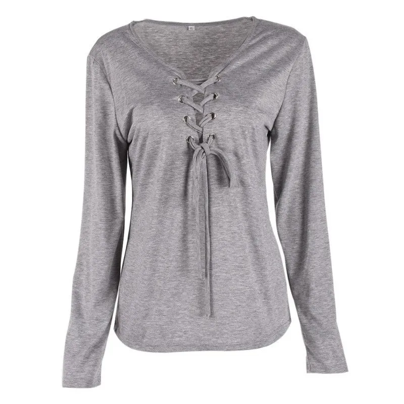 Casual Bandage Lace Up Long-Sleeve Tshirt Women Deep V T-shirts Tops 5 Colors Fall Women Clothes