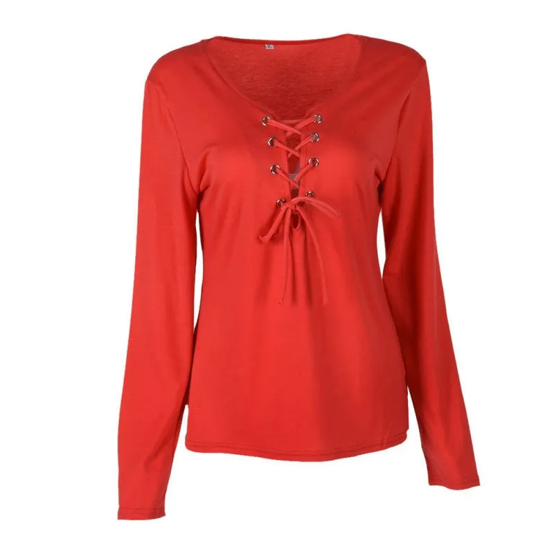 Casual Bandage Lace Up Long-Sleeve Tshirt Women Deep V T-shirts Tops 5 Colors Fall Women Clothes