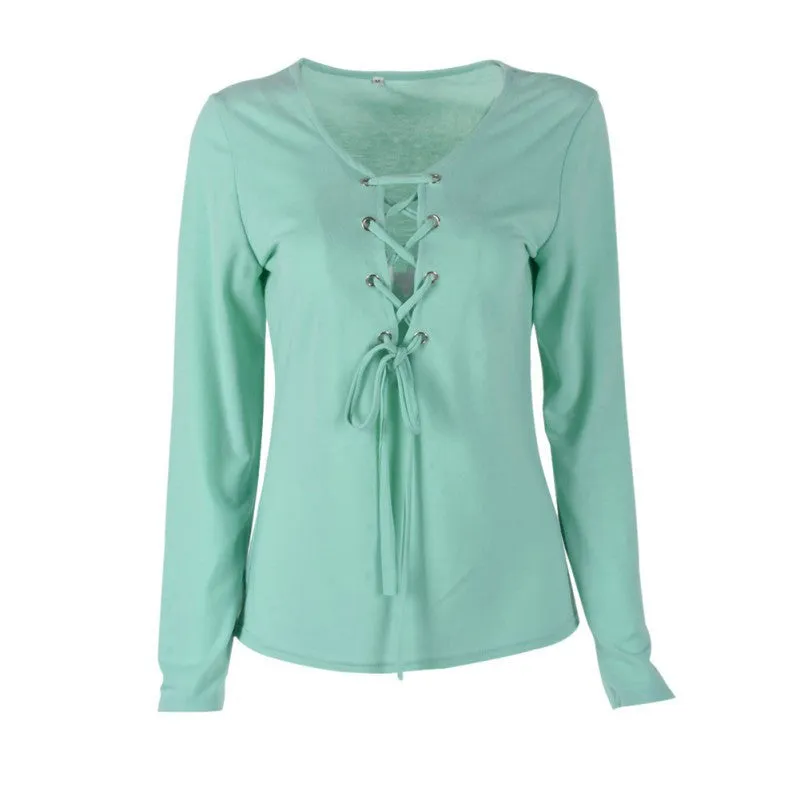 Casual Bandage Lace Up Long-Sleeve Tshirt Women Deep V T-shirts Tops 5 Colors Fall Women Clothes