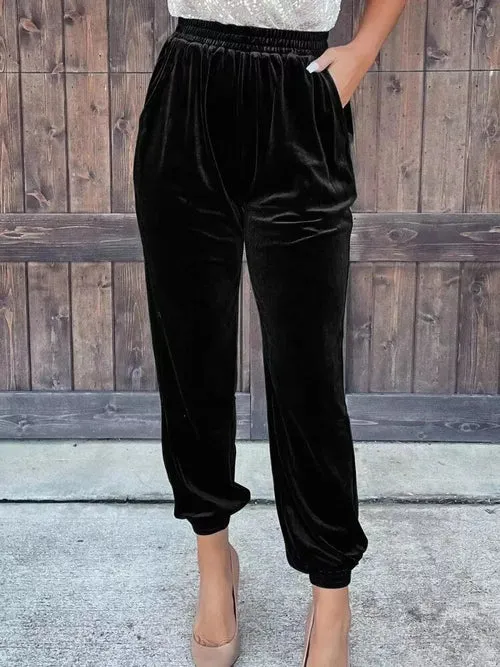 Elastic Waist Solid Color Trousers Female Pocket Leggings Staright