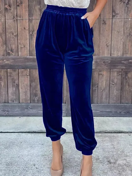 Elastic Waist Solid Color Trousers Female Pocket Leggings Staright