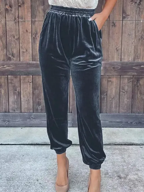 Elastic Waist Solid Color Trousers Female Pocket Leggings Staright